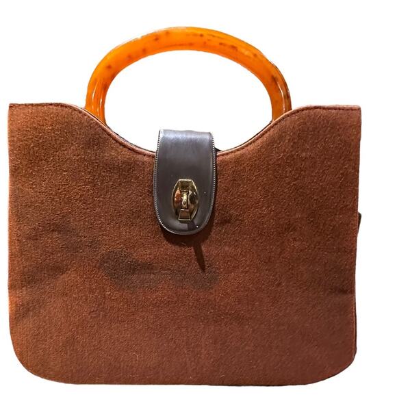 Vintage Caron Handbag in Russet with Tortoise Handles and Gold Decorative Detail - Picture 2 of 5